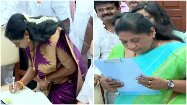 சட்டமன்ற உறுப்பினர்களாகப் பதவியேற்ற மரகதம் குமரவேல், சத்தியபாமா! முதல்வர் விஜயை சந்திக்கத் திட்டம்!